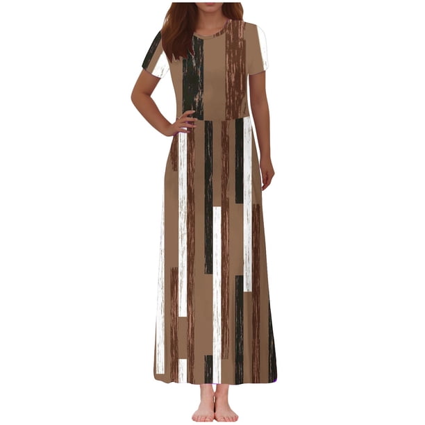 Vestido Corto de Verano de la Moda de las Mujeres Impreso de Manga Corta Cuello Redondo Tobillo de Longitud Vestido Casual