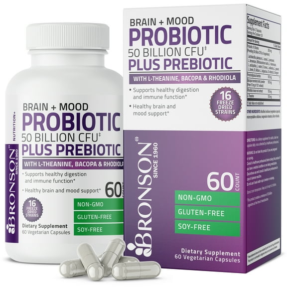 Bronson Brain   Mood Probiotic 50 Billion CFU Plus Prebiotic with L-Theanine, Bacopa and Rhodiola NON-GMO, 60 Vegetarian Capsules