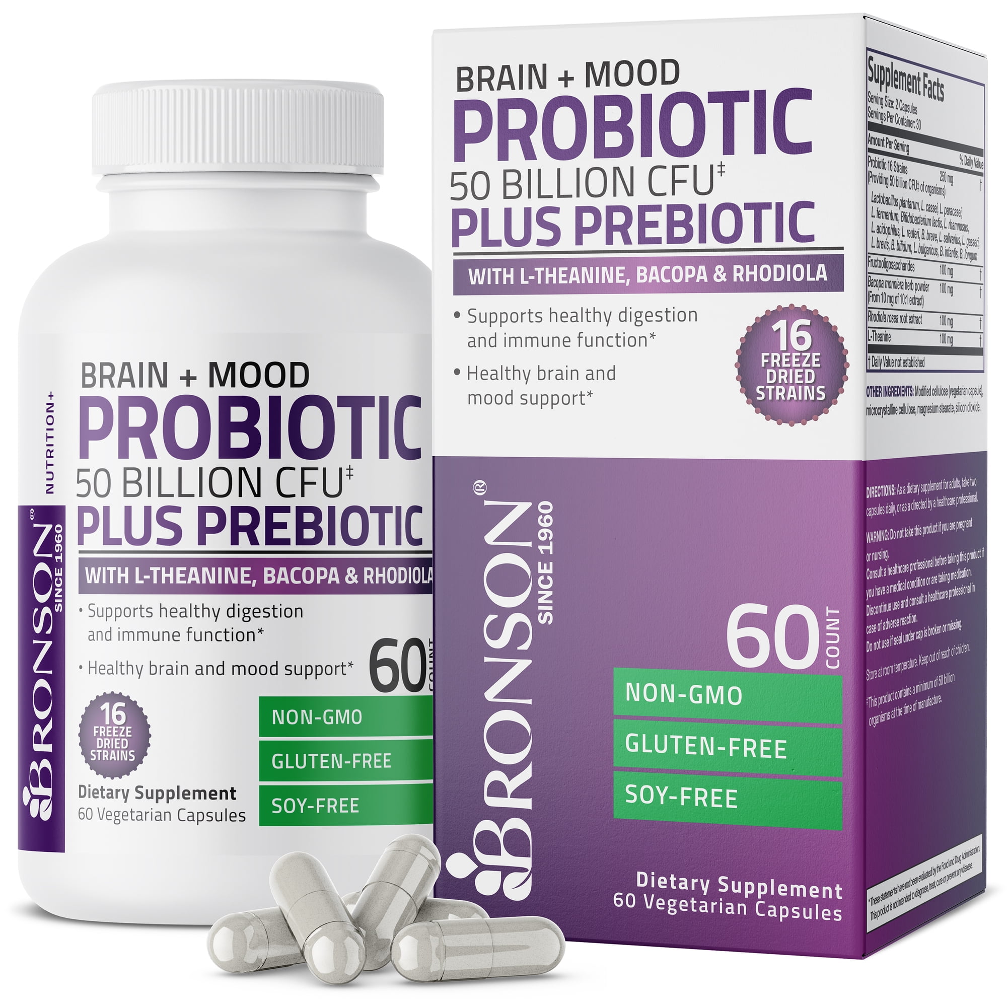 Bronson Brain + Mood Probiotic 50 Billion CFU Plus Prebiotic with L-Theanine, Bacopa and Rhodiola NON-GMO, 60 Vegetarian Capsules
