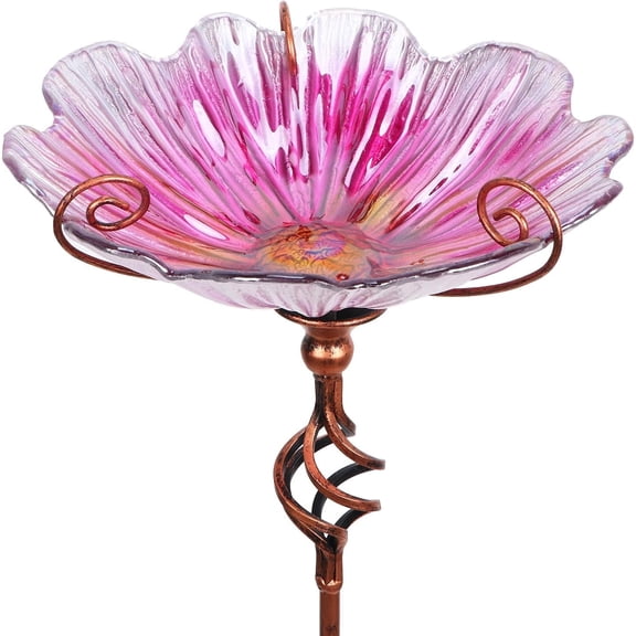 MUMTOP 31 Inch Height Glass Birdbath Birdfeeder with Metal Stake Garden Yard Outdoor Pink