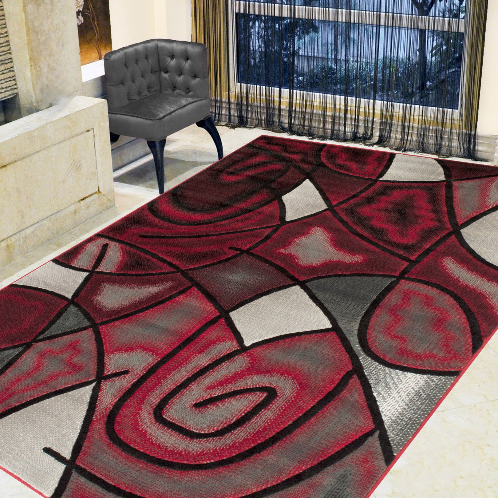 Red/Grey/Silver/Black/Abstract Area Rug Modern Contemporary Circles and