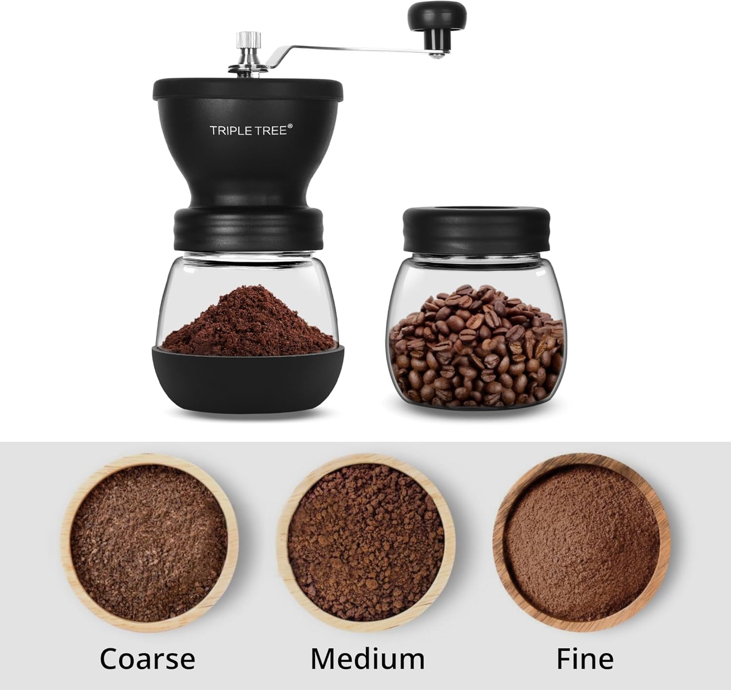 Manual Coffee Grinder with Ceramic Burrs and Lengthen Stainless Steel Handle, Hand Coffee Mill with 2 Glass Jars(11oz each), Brush and Tablespoon Scoop, Coffee Bean Grinder for Home, Camping, Black