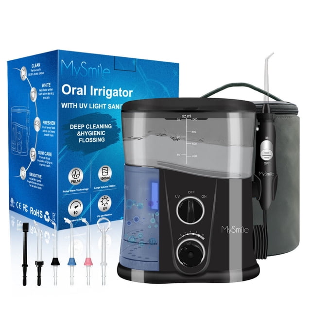MySmile Irrigador Bucal Eléctrico de 1000 Ml con 10 Configuraciones, Bolsa de Almacenamiento con Luz Azul y 7 Boquillas de Chorro