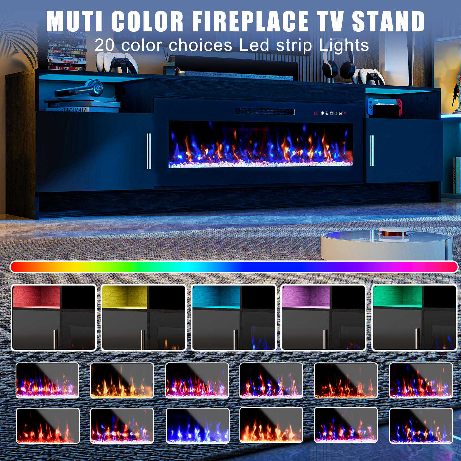 Flictozena 80" TV Stand with Fireplace and LED Lights - Entertainment Center for 90 inch TVs, Modern TV Cabinet with High-Gloss Storage Doors for Living Room