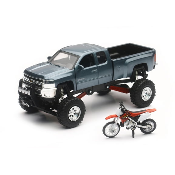 New-Ray  SS-54426; Replica 1:43 Truck / Race Bike Chevy Grey / Fits Honda Bike Red
