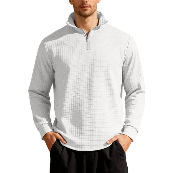 XIAONU Men's Waffle-Knit Jacquard Sweatshirt Half-Zip Stand Collar Top Casual Pullover Business Work Sweatshirts White XXXL