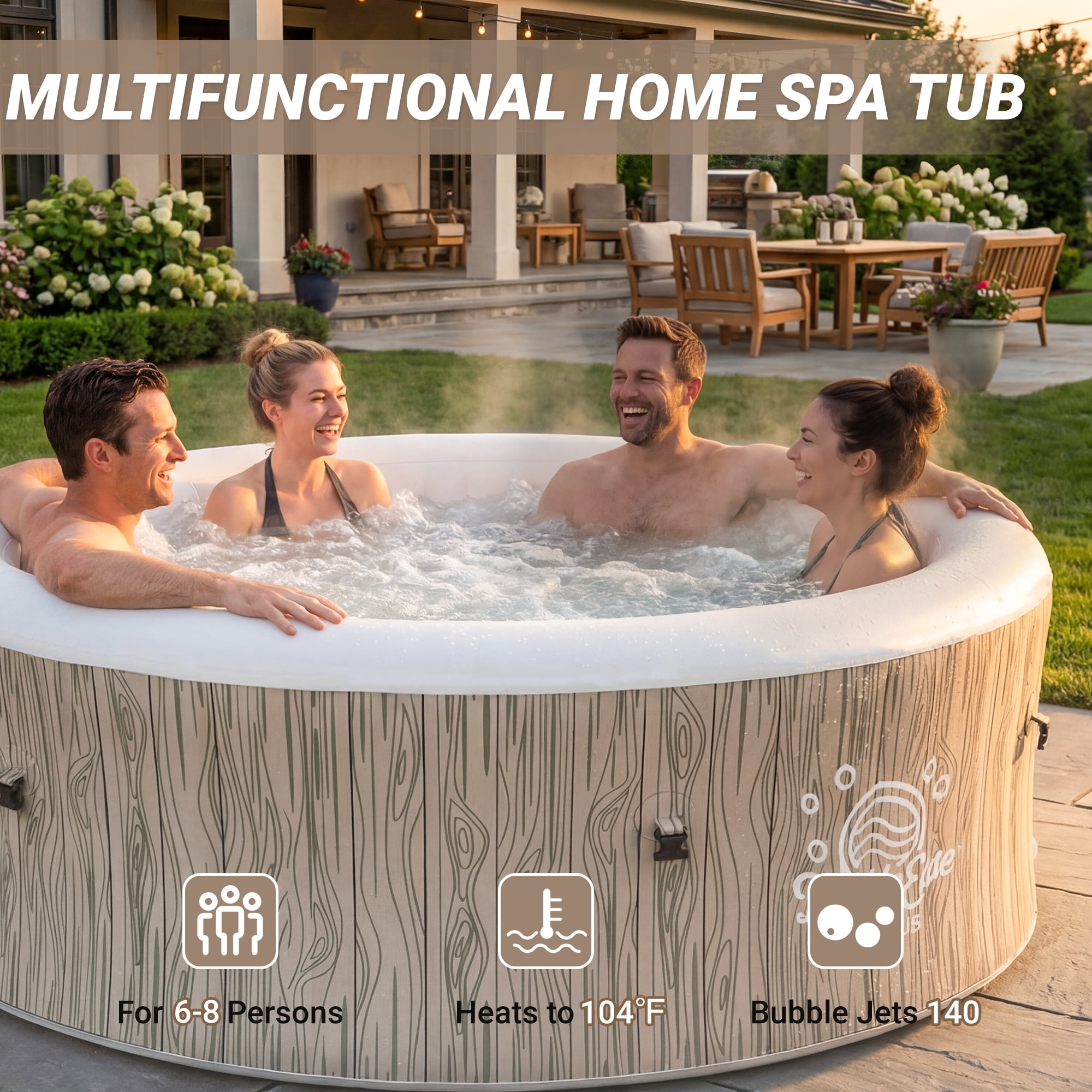 Seizeen Inflatable Hot Tub for 6-8 Person, Outdoor Blow Up Hot Tub 80'' Round Wood Grain, Multifunctional Portable Home SPA with 140 Bubble Jets, Heating & Filtration System, Cover