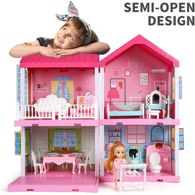 beefunni Doll House, Dream Dollhouse for Girls Toys w/ 4 Stories -11 Rooms,  Doll House 4-5 Year Old w/ 2 Dolls & Furniture, Princess Dollhouse 2023