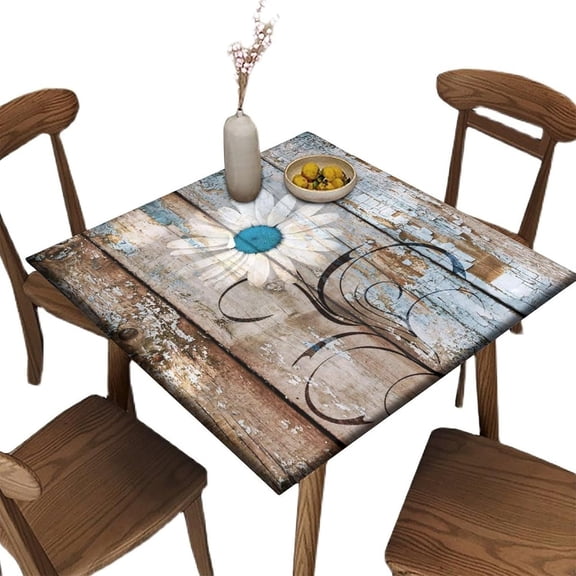 Elastic Edge Fitted Tablecloth, Wood and Flower Pattern Printed on Stain Resistant Polyester Table Cover, for Kitchen Dining Party Patio Tabletop Decoration, Fit for 32" x 32" Square Table