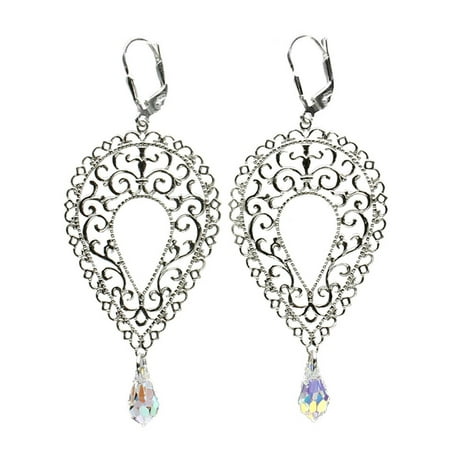 - Sterling Silver Leverback Earrings Aurora Borealis Crystal Briolette Made in Swarovski Crystals
