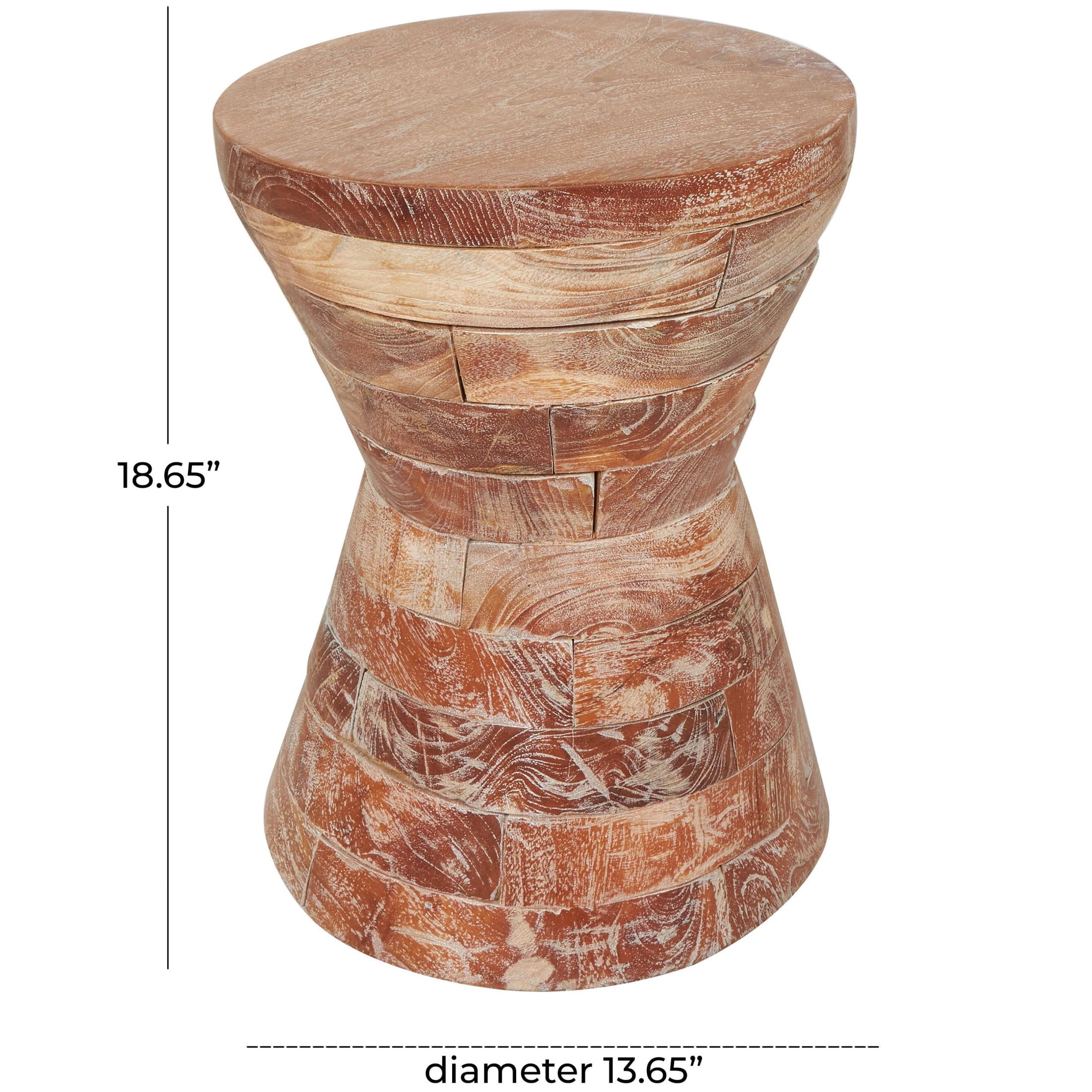 DecMode 14" x 19" Brown Teak Wood Handmade Hourglass Geometric Accent Table with Stacked Wood Pieces, 1-Piece