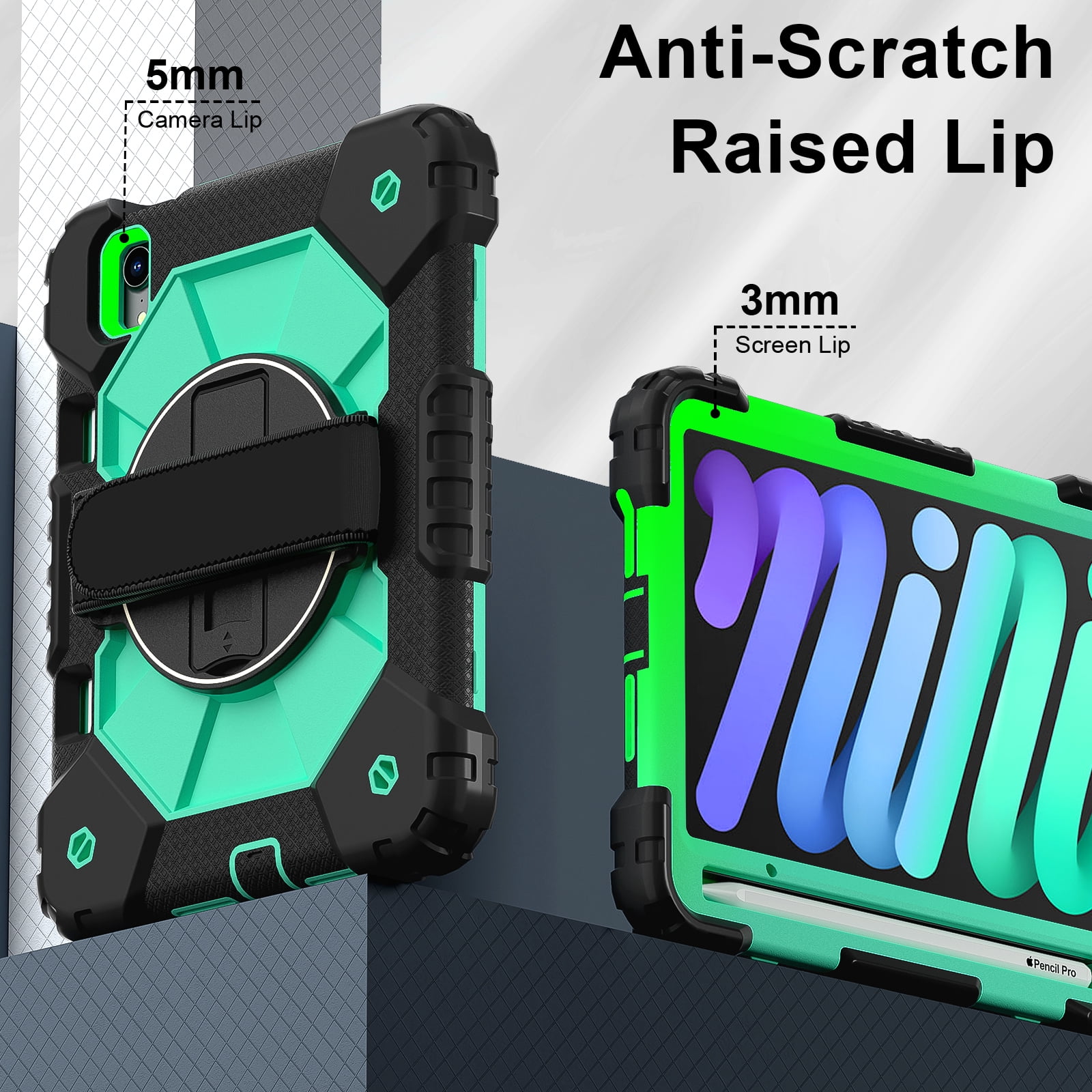 For iPad Mini 7th 6th Generation Case with Pencil Holder, Heavy Duty Shockproof Ruggd Rotating Kickstand Hand Strap Cover Case with Shoulder Strap Kids Friendly Case for Apple iPad Mini 6 7,Black+Mint