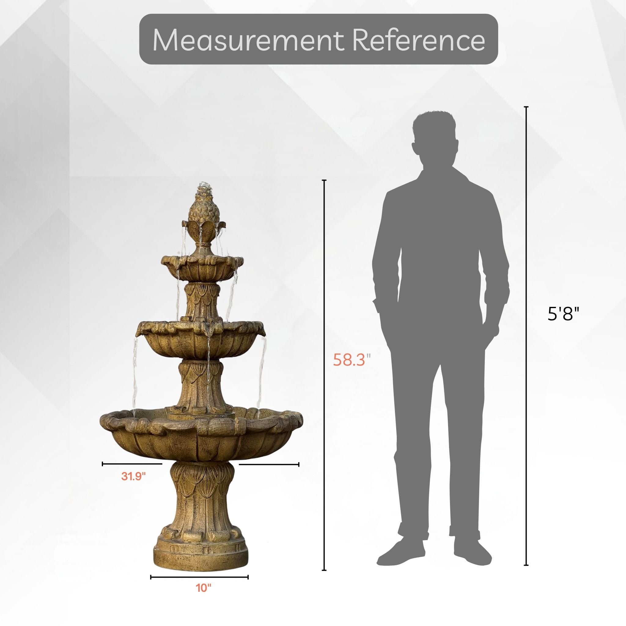 58.3" 3-Tier Electric Outdoor Freestanding Water Fountain - Classic Leaf Design, Beige Resin with Pump