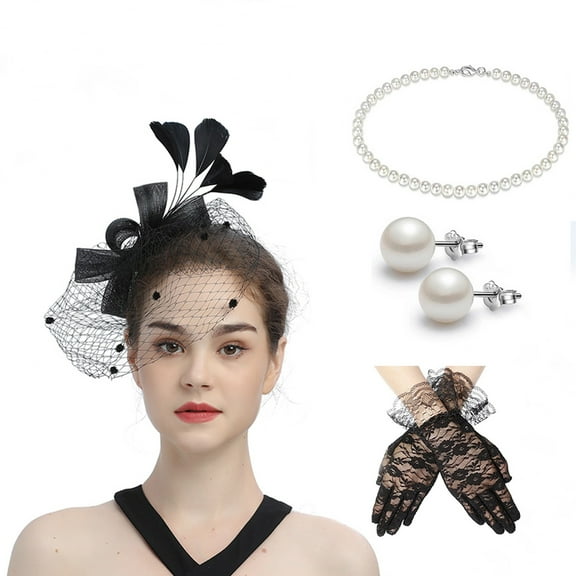 Ediodpoh Hats for Women Bow Top Hat for Tea Party Wedding with Lace Gloves and Earrings Set Black