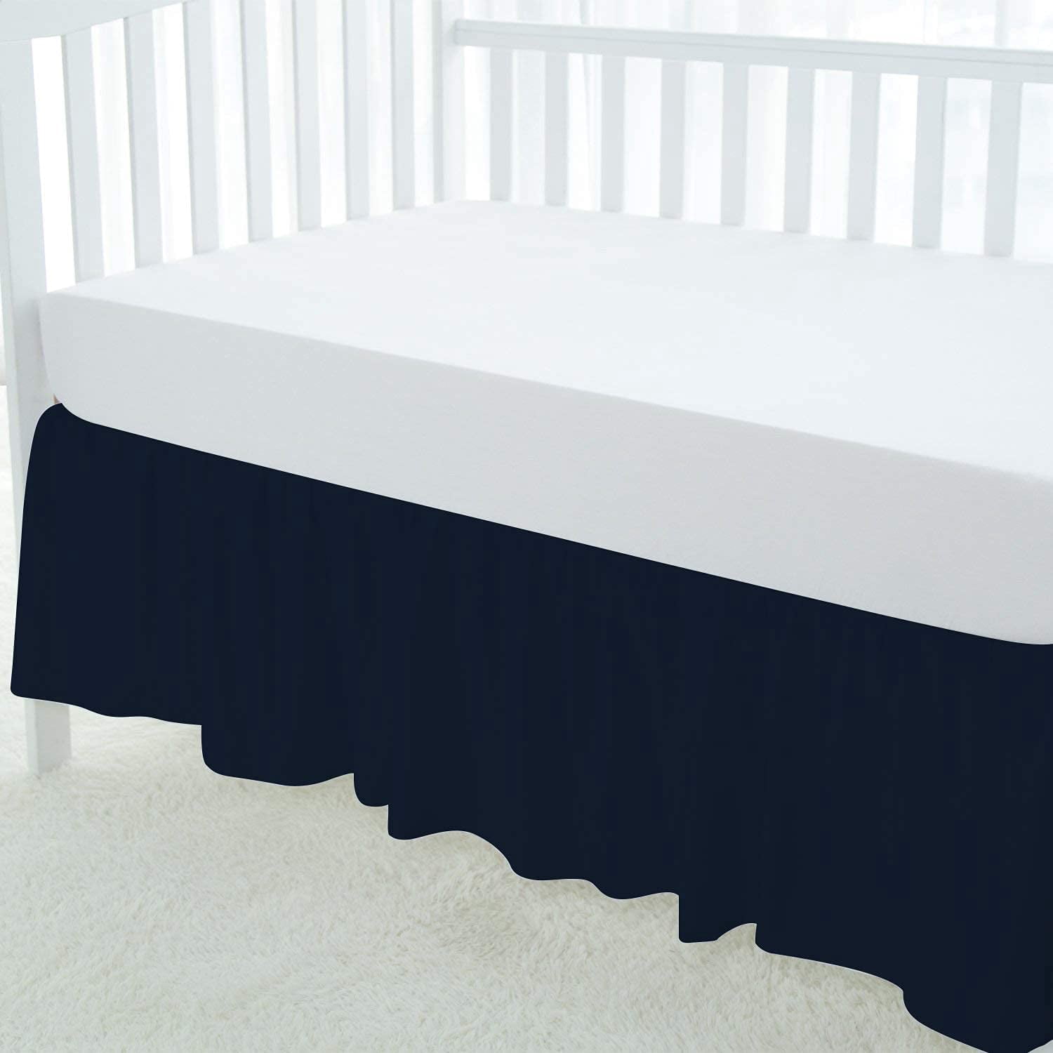 Crib Skirt Dust Ruffle, 100% Egyptian Cotton 800 Thread Count, Nursery Crib Toddler (28" x 52" x 14") Bedding Skirts for Baby Boys or Girls, 14" Drop, Navy Blue Solid