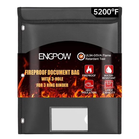 ENGPOW Fireproof Pocket for 3 Ring Binder, Document Bag Pouch with 3-Hole