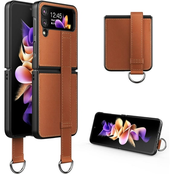 Case for Samsung Galaxy Z Flip 4 5G (2022) with Strap, PU Leather Back Cover   Hard PC Protective Shell Phone Case for Z Flip4 - Brown