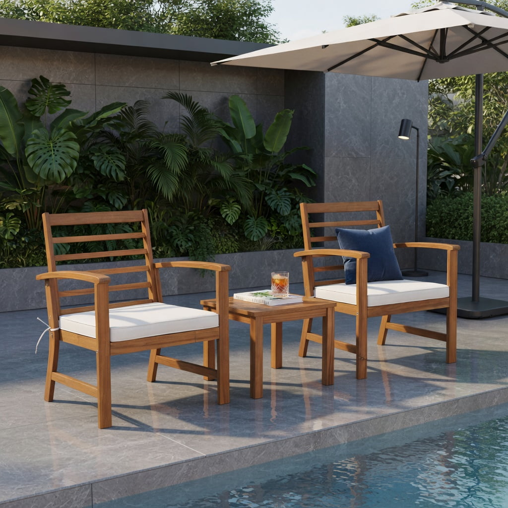 Hommoo 3-Piece Acacia Wood Outdoor Patio Furniture Set with Cushions, Durable Backyard Chair Set with Ergonomic Design and High-Density Foam Seating, White