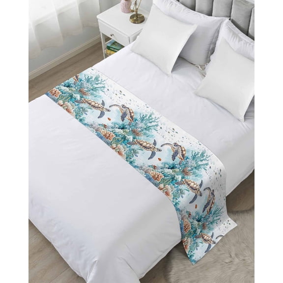 Bed Runner Scarf Cal King Size, Teal Coastal Turtle Stain Bed Runners & Scarves for Foot of Beds, Summer Ocean Coral Decorative Bedding Runner Scarf for Hotel Home Bedroom