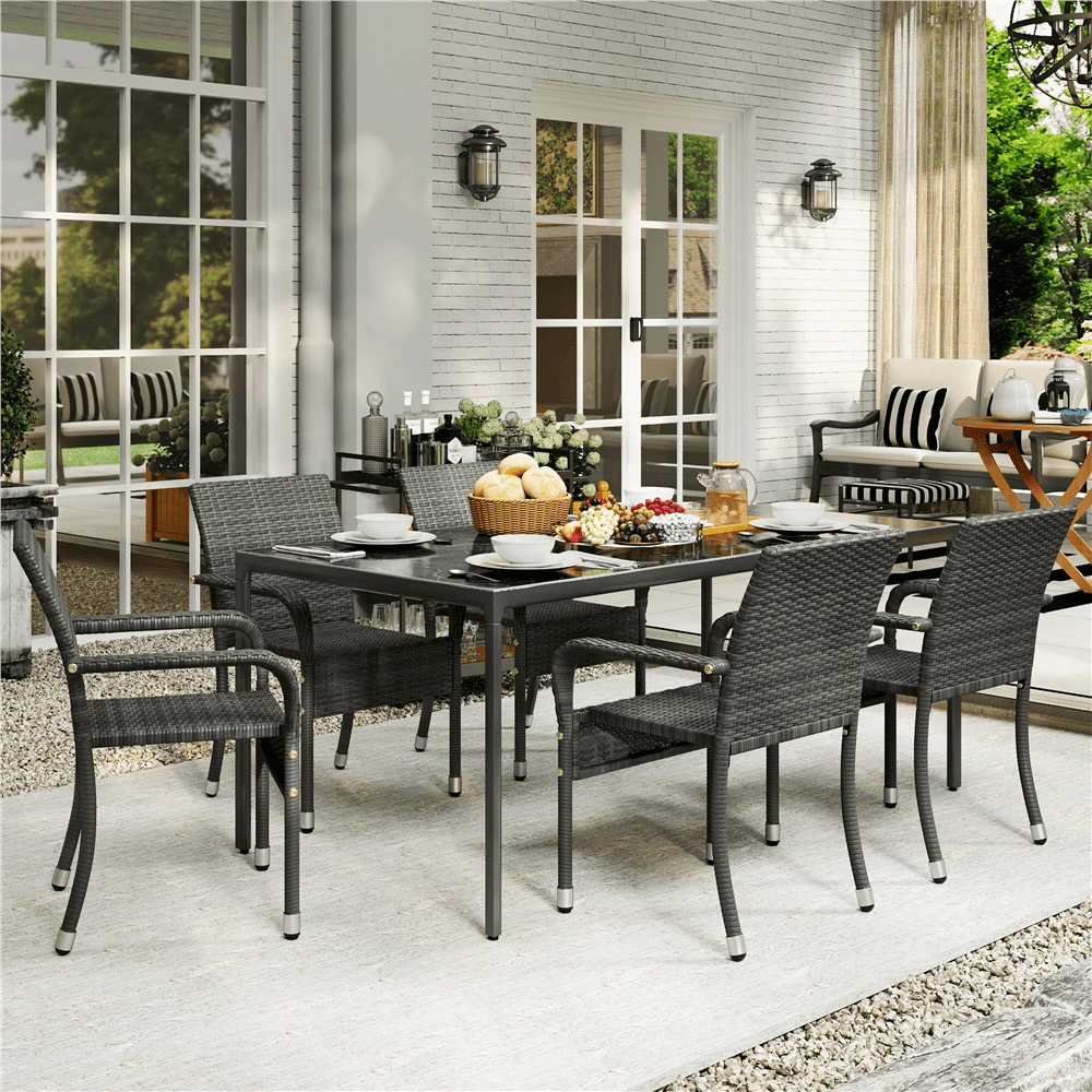 Renwick Outdoor PE Rattan Chair with Armrests and Adjustable Footpads, Set of 2, Gray