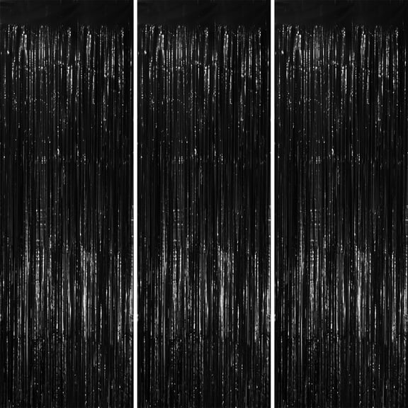 3 Pack Black Streamer 3.2 x 6.56 FT - Black Tinsel Foil Fringe Backdrop Curtains