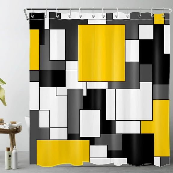 Modern Yellow Shower Curtain for Bathroom, Grey Black and White Abstract Minimalist Geometric Shower Curtains Polyester Bathroom Decoration Bath Curtains Hooks Included 72"W x 84"L (Pack of 1)