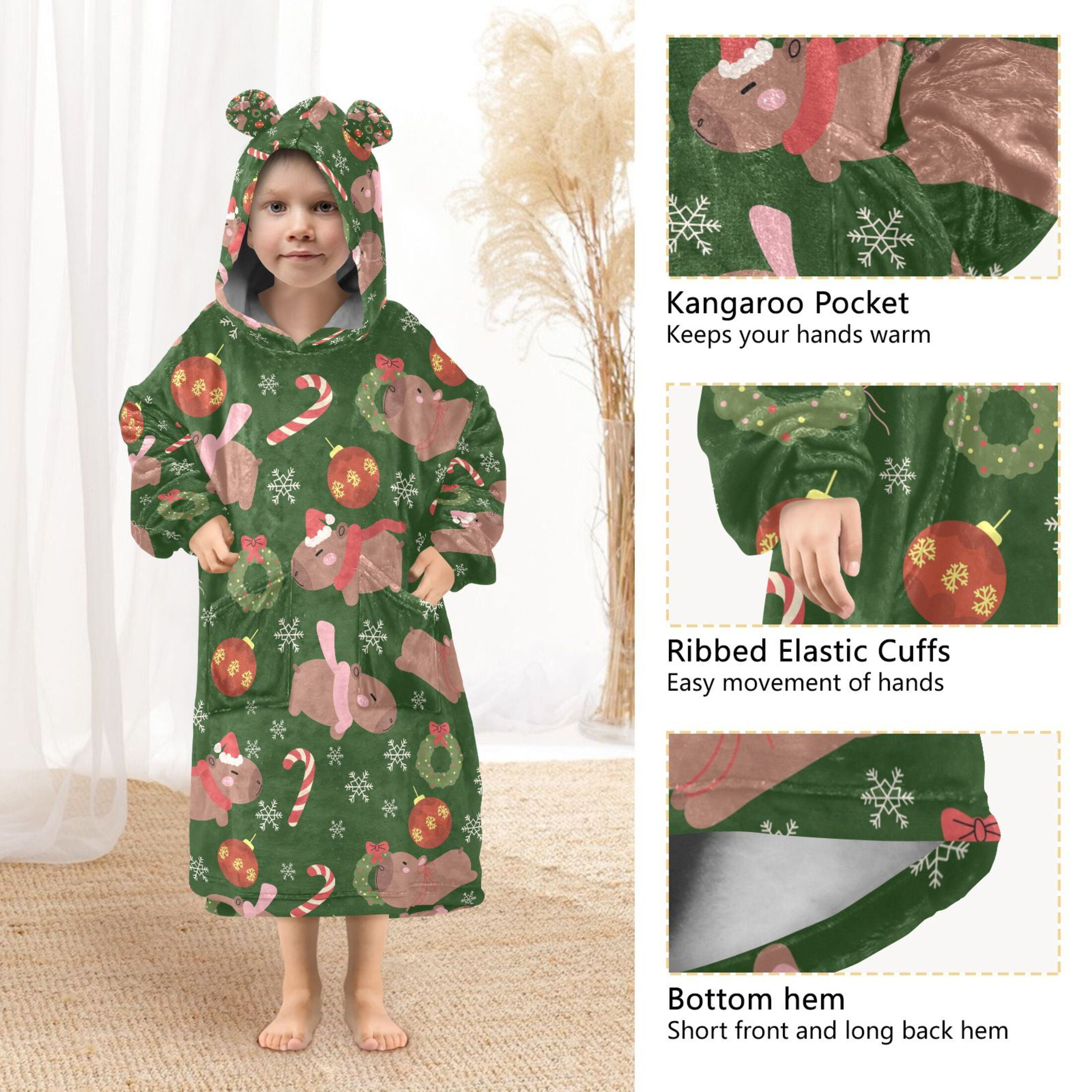 joogoo Blanket Hoodie Capybara Wreath Snowflake Pattern for Oversize Sweatshirt Boys Girls 3-14 YR L