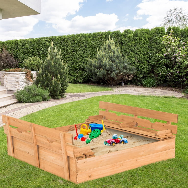 Gymax Kids Large Wooden Sandbox, Cedar Sandpit with 2 Bench Seats