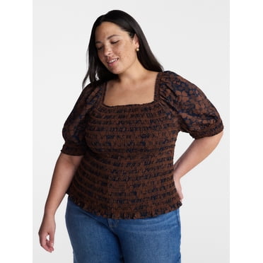 Terra and Sky Women’s Plus Smocked Blouse with Elbow Length Sleeves, Sizes 0X-4X