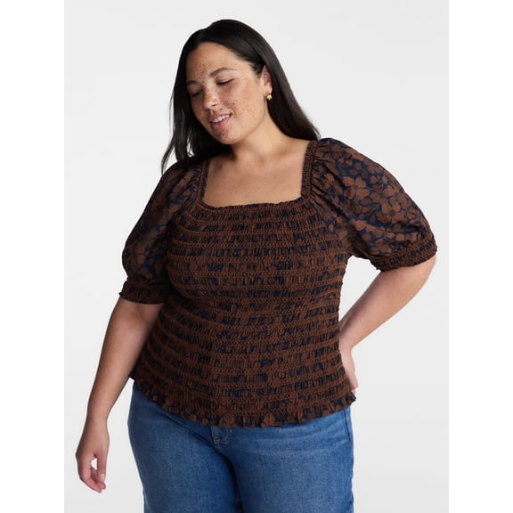 Terra and Sky Women’s Plus Smocked Blouse with Elbow Length Sleeves, Sizes 0X-4X