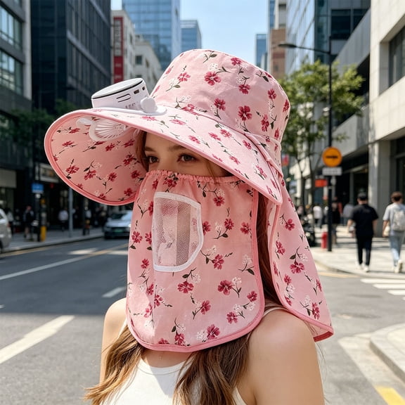 UV Protection Wide Brim Sun Hat with Detachable USB Rechargeable Cooling Fan, Floral Neck Flap Fishing Bucket Hat, Breathable Mesh Outdoor Sun Cap for Beach, Gardening, Cycling