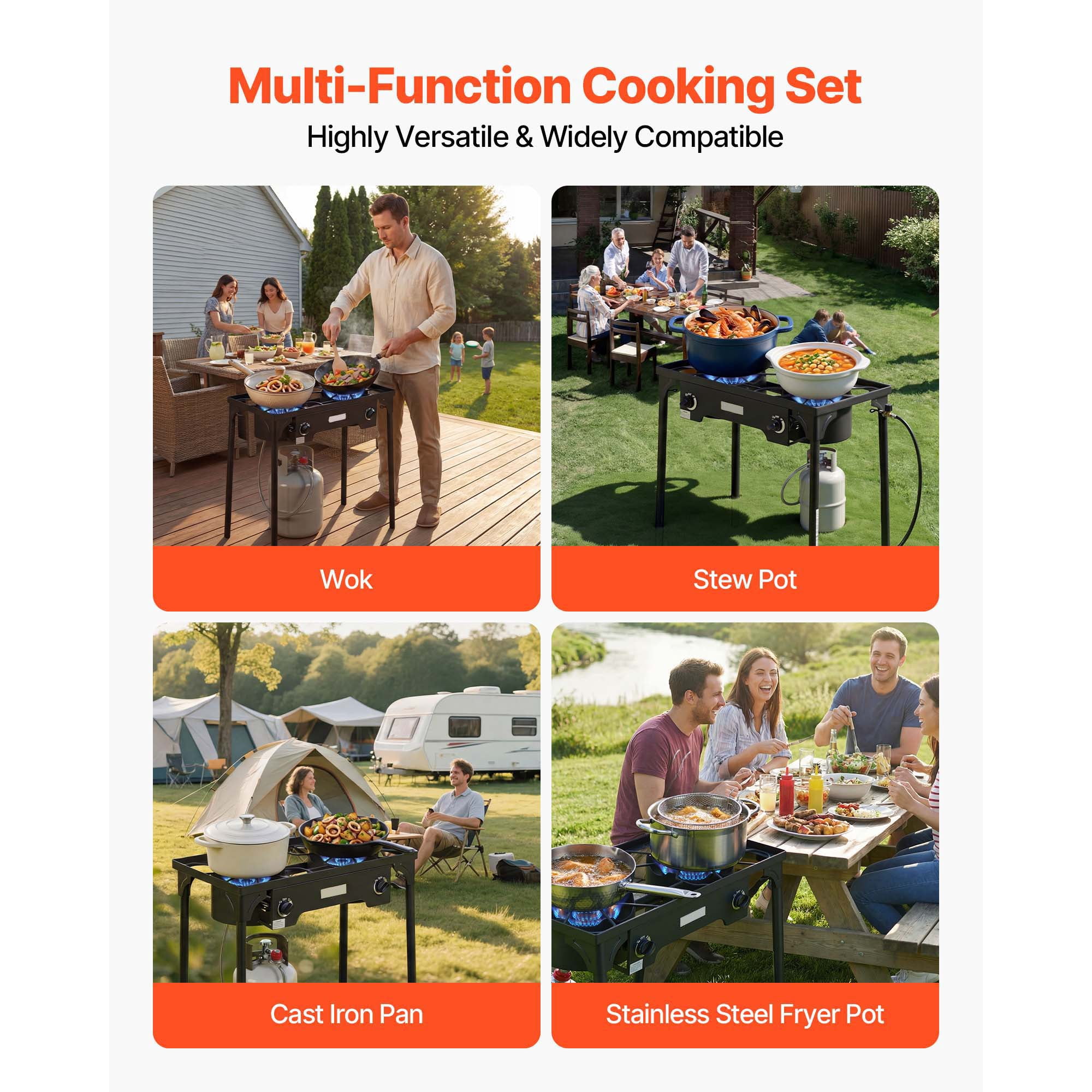 KFFKFF 2 Burner Outdoor Propane Gas Stove, 150,000 BTU LPG Camping Cooker, Durable Carbon Steel with Wind Shield, Tall Stand & Regulator, Ideal for BBQ, Camping, Patio, and Backyard Use