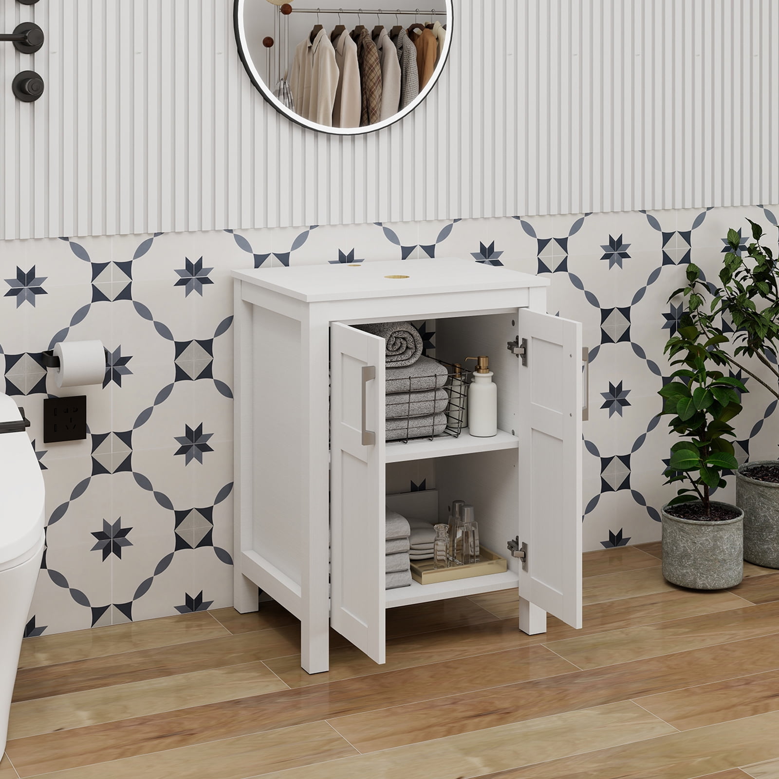 ELECWISH 24 Inches Traditional Bathroom Vanity in White Finish, Single Bathroom Vanity with Top and 2-Door Cabinet