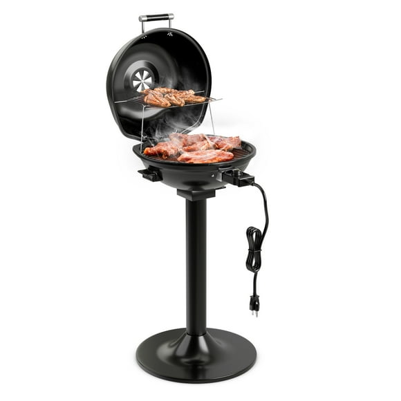 Topbuy Electric BBQ Grill Portable Standing Grill with Removable Non-Stick Warming Rack Adjustable Temperature 1600 Watts Grill for Indoor & Outdoor Use Black