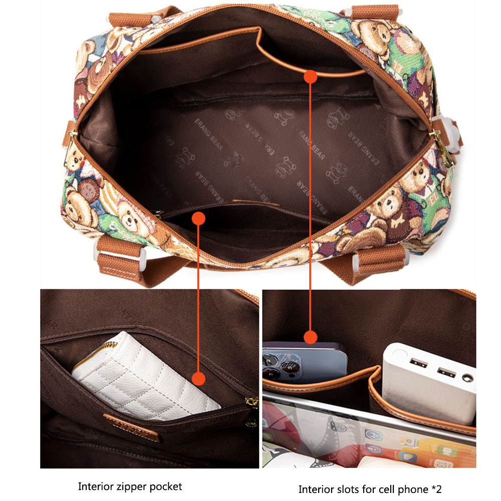 Cute Bear Print Women Duffel Bag for Travel High Capacity Jacquard Canvas Water Resistant Travel Sport Hand Bag Weekender Overnight Bag for Gym Sport