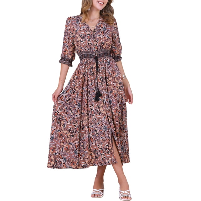 INSPIRE CHIC Vestido Maxi Boho para Mujeres, Vestido Floral Largo de Verano con Mangas 3/4, Color Marrón