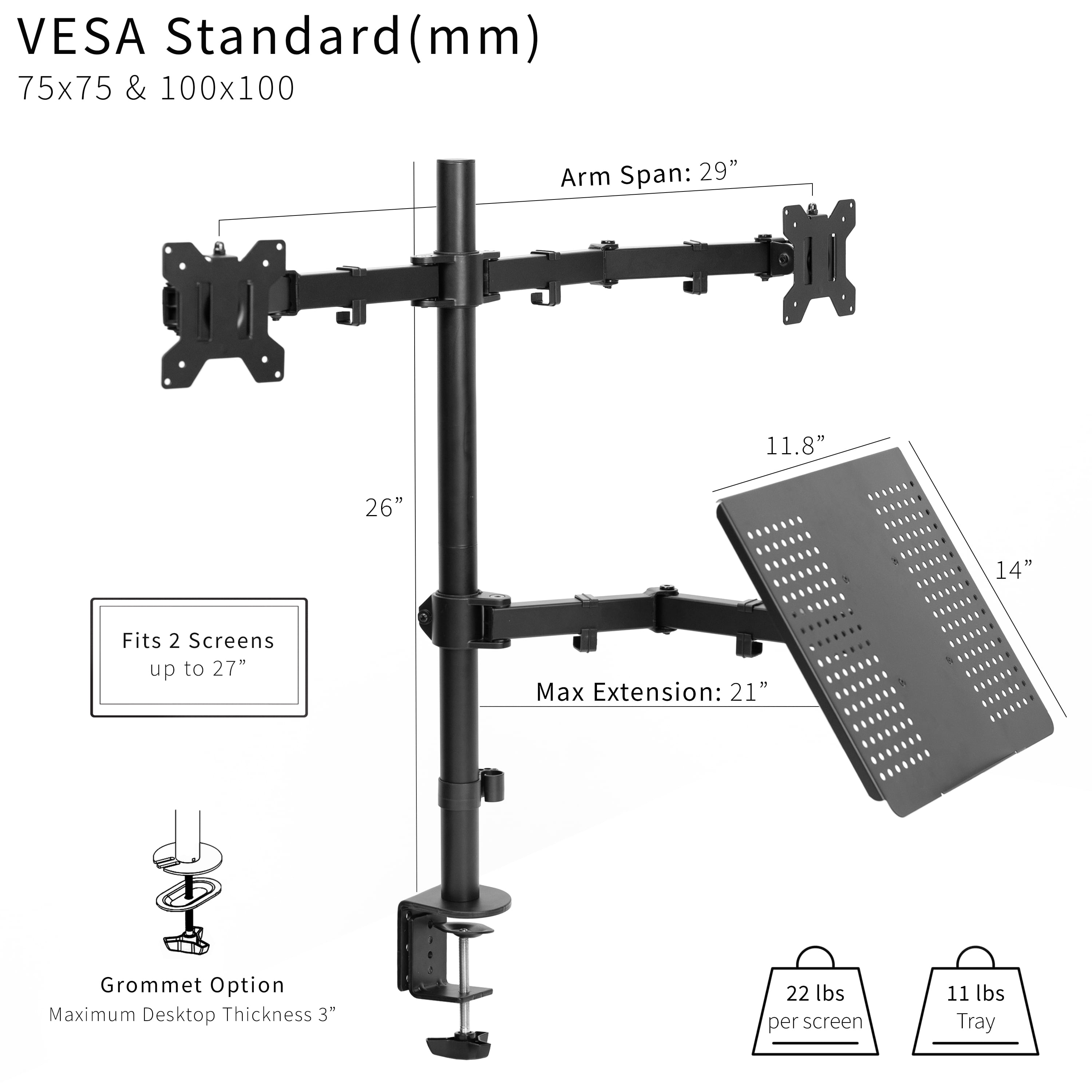 VIVO Dual 13" to 27" Monitor Mount with Laptop Holder, Tall Adjustable Stand
