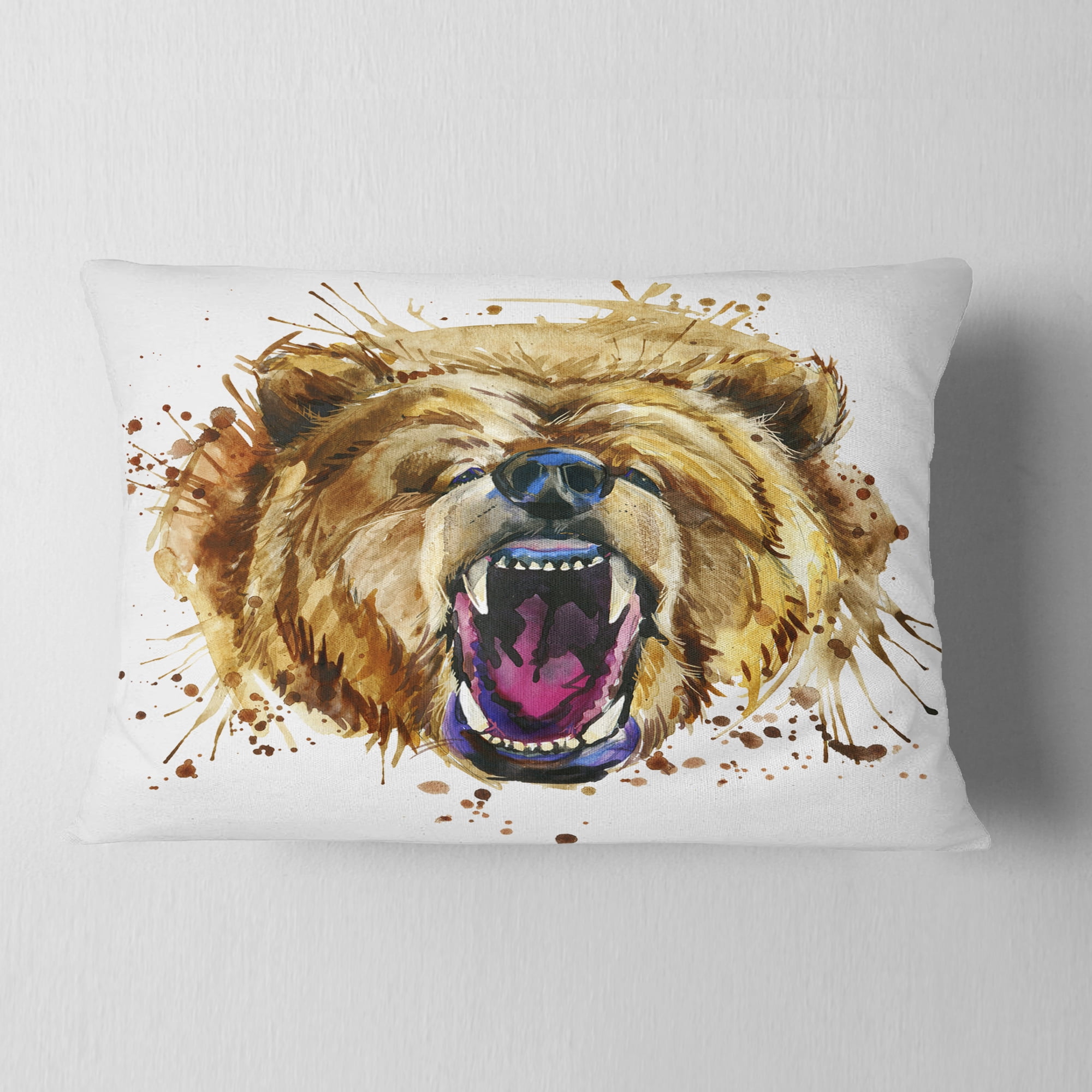 Designart Growling Grizzly Bear Watercolor - Abstract Throw Pillow - 12x20