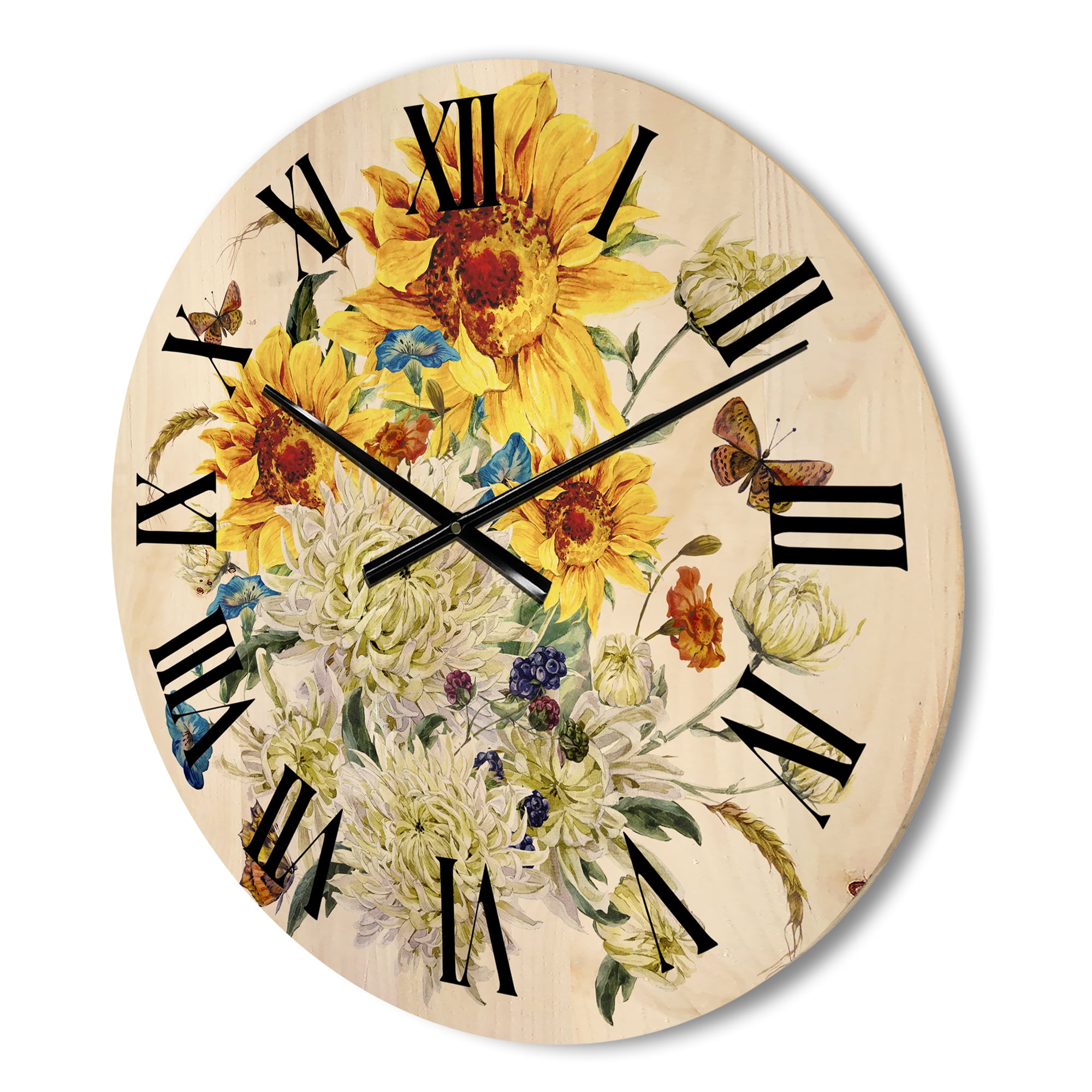 Designart 'Ancient Chrysanthemums and Sunflowers' Traditional Wood Wall Clock