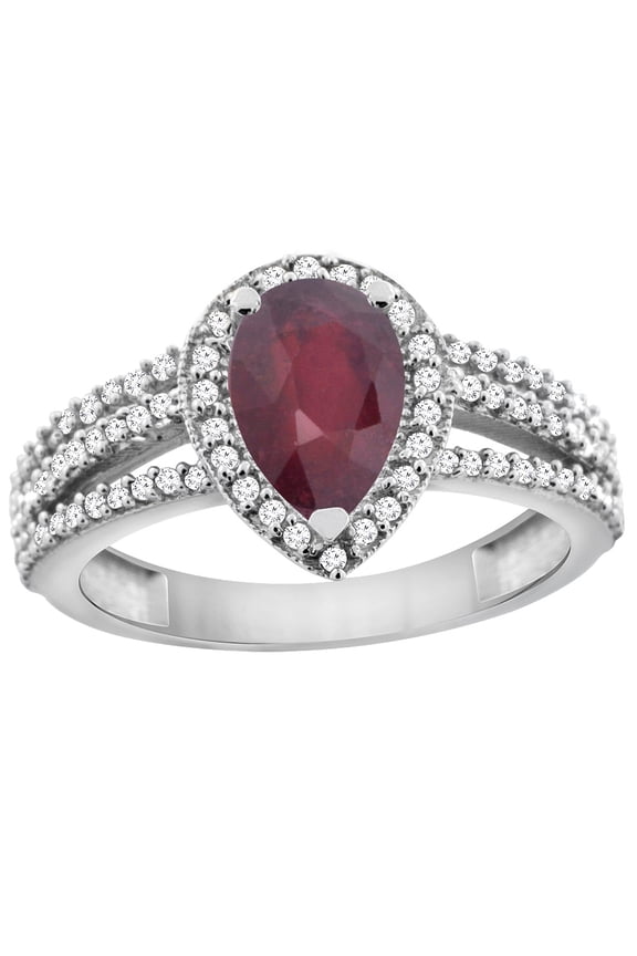 14K White Gold Diamond Halo Natural Quality Ruby Engagement Ring 9x7 Pear, size 5