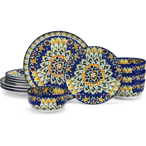 12 Pieces Dinnerware Sets, Plates and Bowls Set, Porcelain Dishes Set for 4, Microwave and Dishwasher Safe, Scratch Resistant, Bohemian Style Dining Ware Service for 4, Series SIMI
