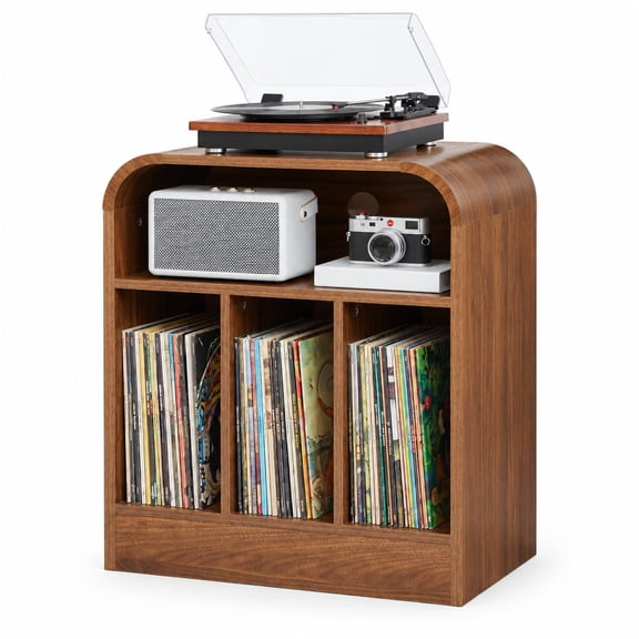 Curved 3-Tier Record Player Stand with Vinyl Storage - Wooden Turntable Display Shelf Holds Up to 150 Albums for Living Room Bedroom Office