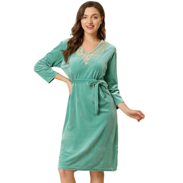Pijama de mujer con cuello en V con cinturón, camisón de manga larga, suave, salón, vestido midi para dormir Verde claro M
