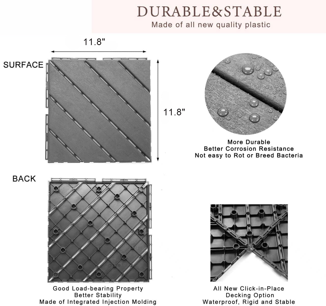Miniyam Interlocking Deck Tiles, 44 Packs 11.8"x11.8" Waterproof Patio Floor Decking Tiles for Porch Poolside Balcony Backyard, All Weather Use, Gray(Diagonal line)