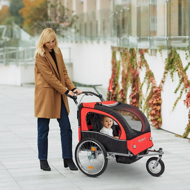 PEXMOR 2 in 1 Bike Trailer for Kids 2 Seat Child Bicycle Trailer Bike Stroller w Safety Harnesses Shock Absorber Pull Behind Baby Bike Trailer