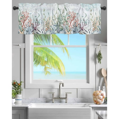 Rod Pocket Window Valances Watercolor Coral Fish Shell on Blue Letter Short Kitchen Curtains Marine Life Window Treatment Drapes for Bedroom Bathroom Living Room 42x12In 1 Panel