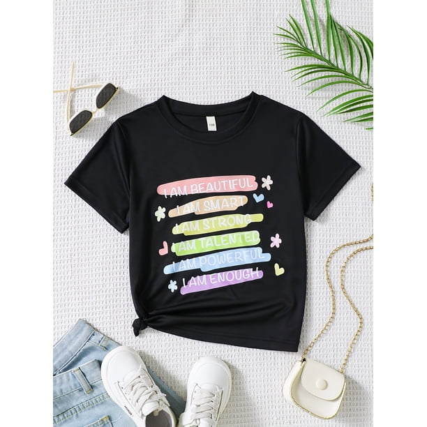Girls' Summer Fashion Korean-Style Casual Black Tee with Colorful Rainbow & Positive Affirmation Print, Round Neck Short Sleeve Top in Cotton - Perfect for Casual Attire