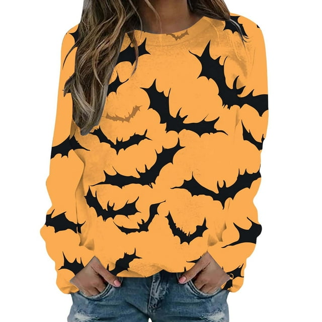 NMMUED T-Shirts d'Halloween Hauts de Sortie pour Femmes T-Shirts Graphiques d'Halloween Blouses pour Femmes T-Shirts à Col Rond pour Femmes Hauts d'Halloween pour Femmes Hauts d'Halloween pour Femmes Orange G