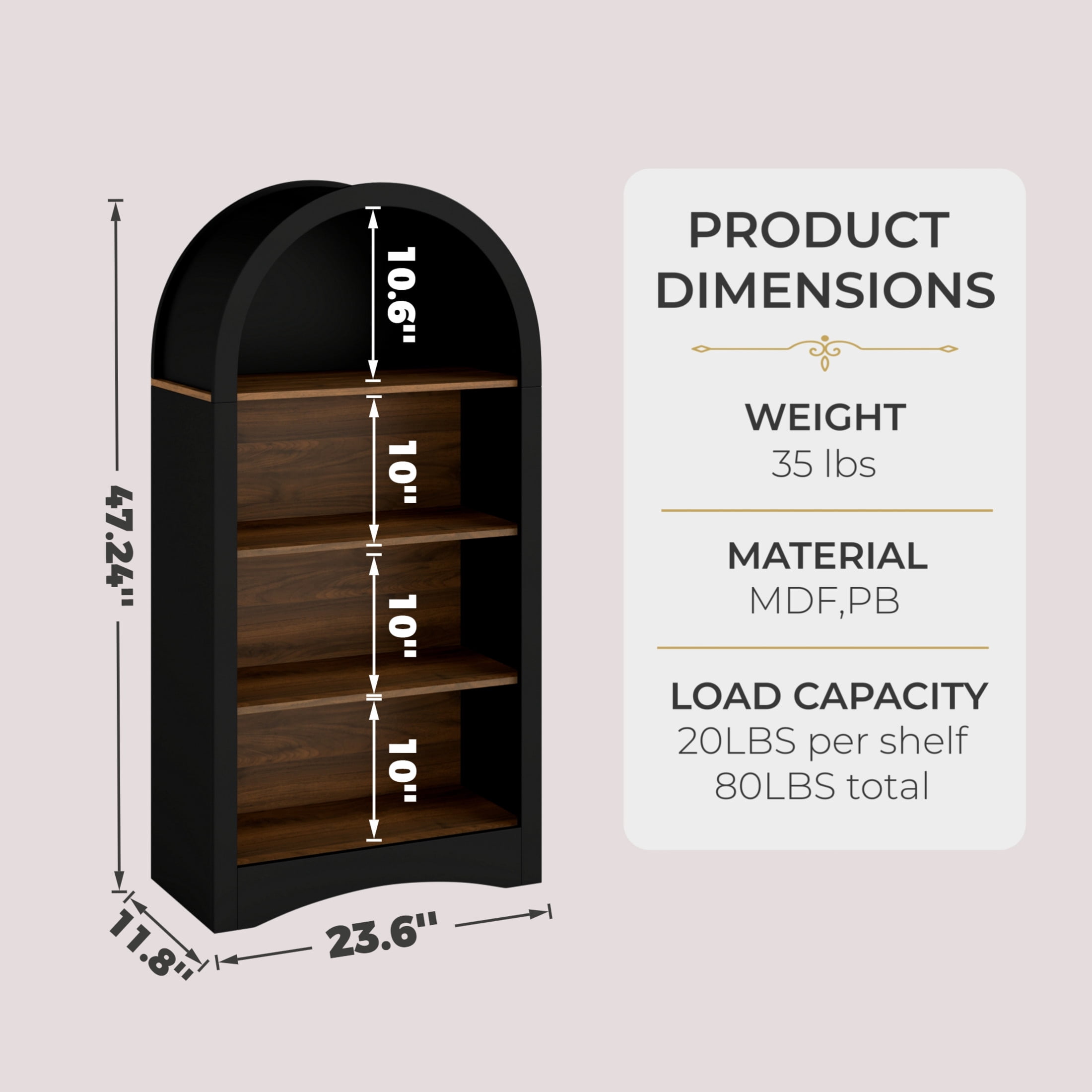 Noble House Eliver Freestanding Arched Storage Bookcase & Display Rack, Accent Space-Saving 4-Tier Open Shelf, Black