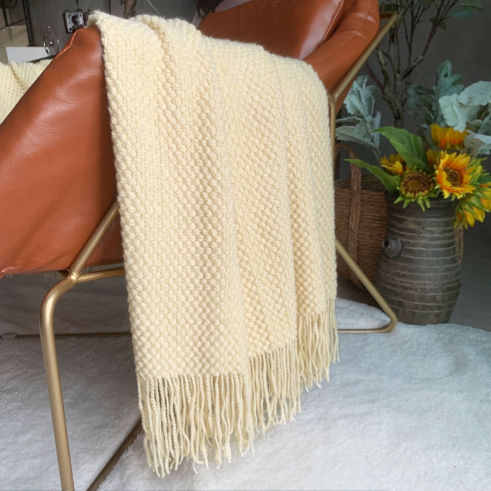 LOMAO Knitted Throw Blanket with Tassels Bubble Textured Lightweight Throws for Bed,Chair,Sofa,Living Room,Home Decor (Cream,50*60 in)